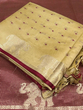 Cream Pure Silk Bandhani Butti Saree