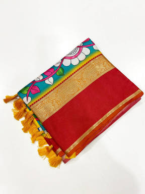 Vibrant Teal Banarasi Kalamkari Silk Saree