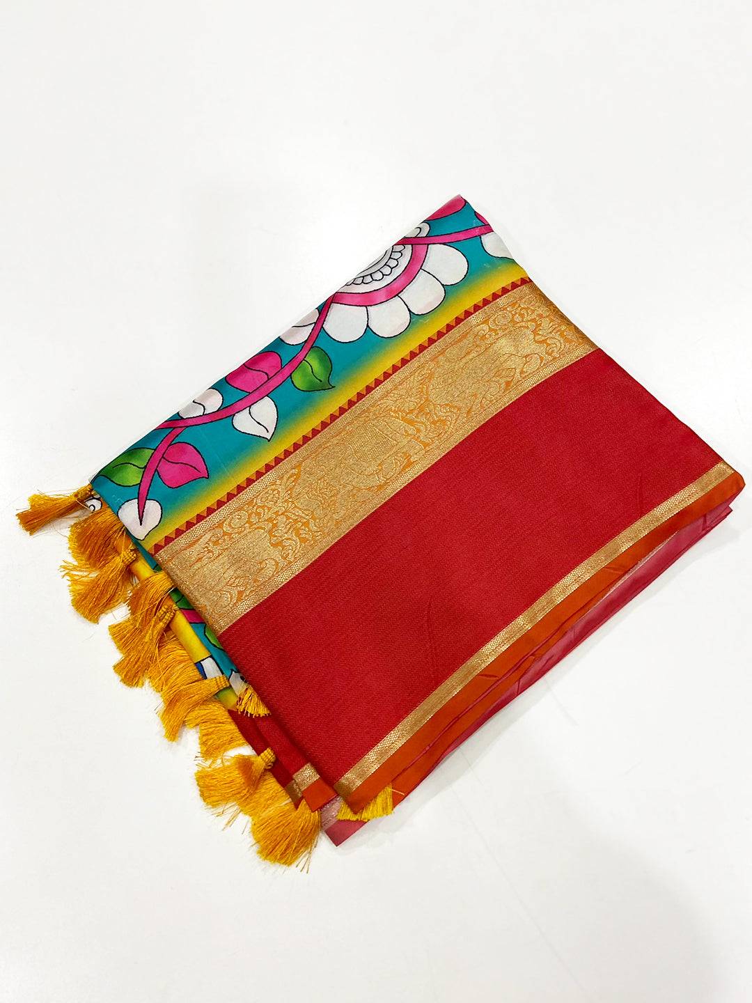 Vibrant Teal Banarasi Kalamkari Silk Saree