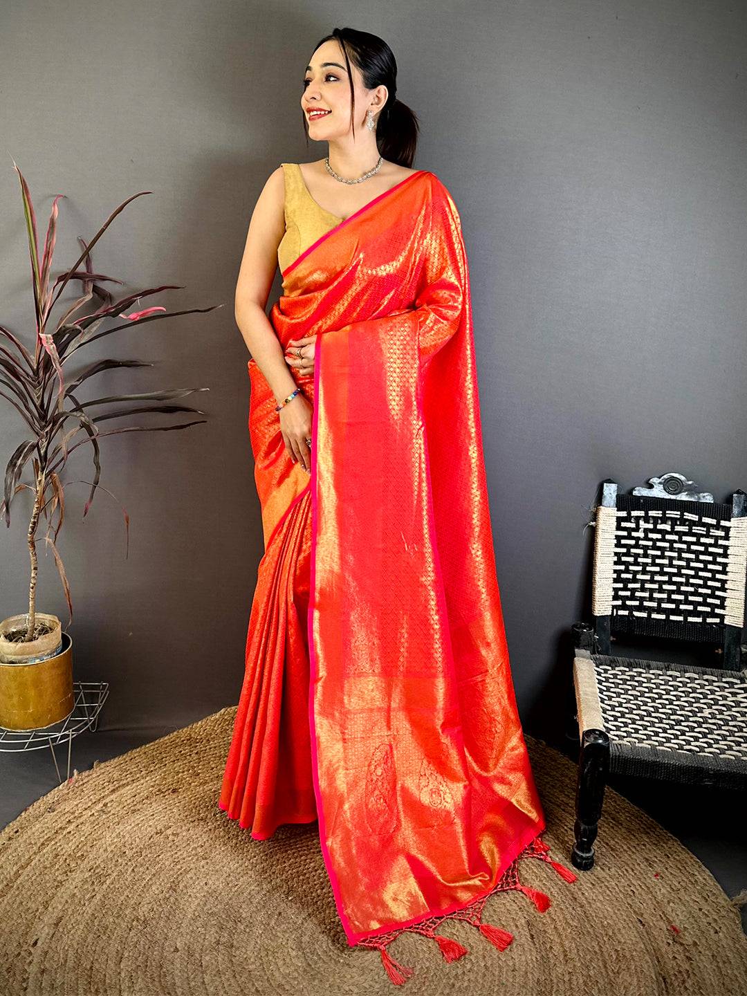 Radiant Orange Kanjivaram Zari Silk Saree