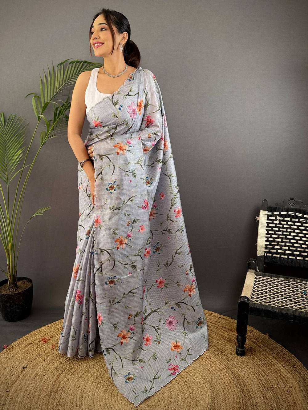 Grey Soft Kota Floral Print Saree
