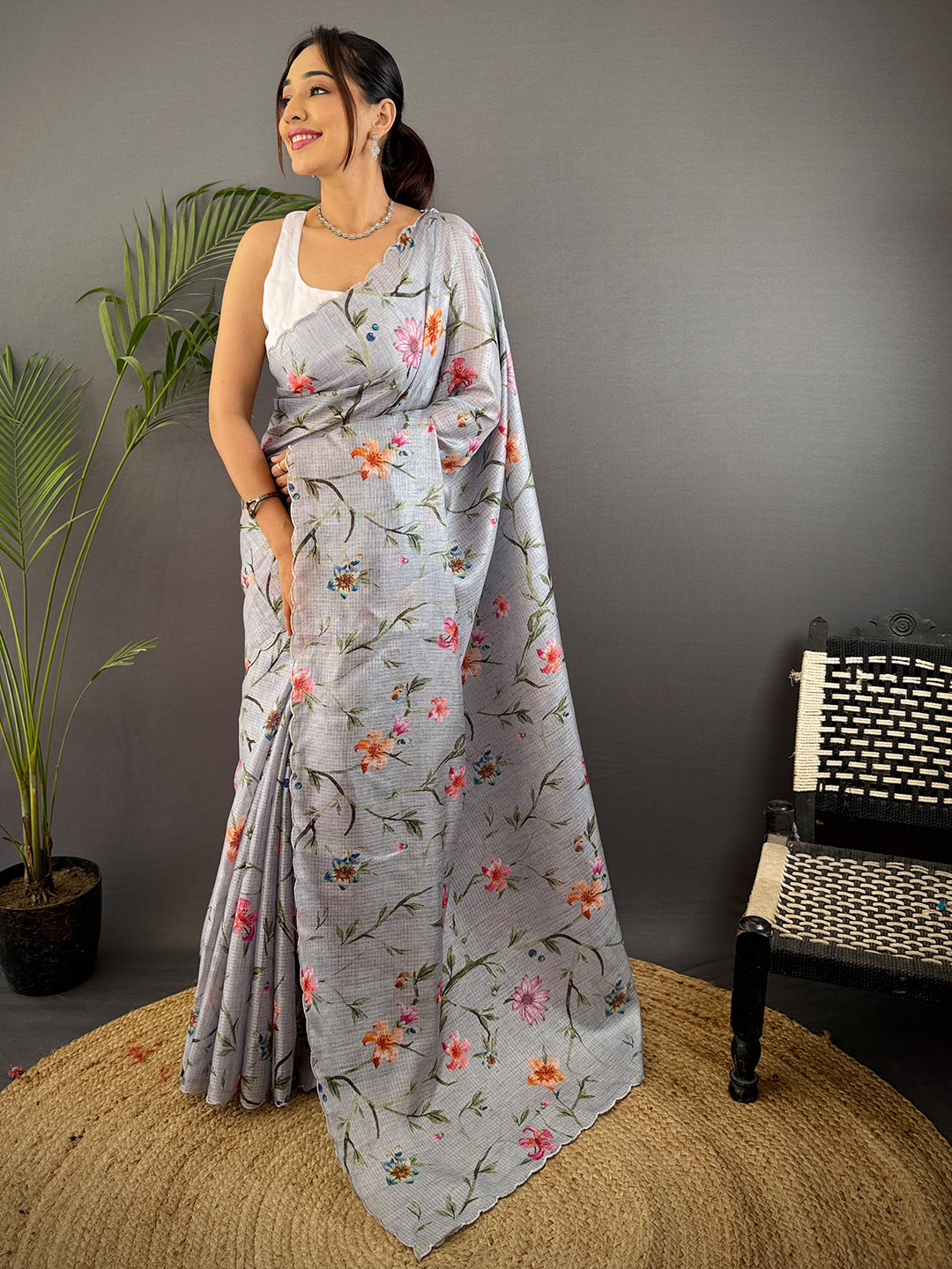 Grey Soft Kota Floral Print Saree