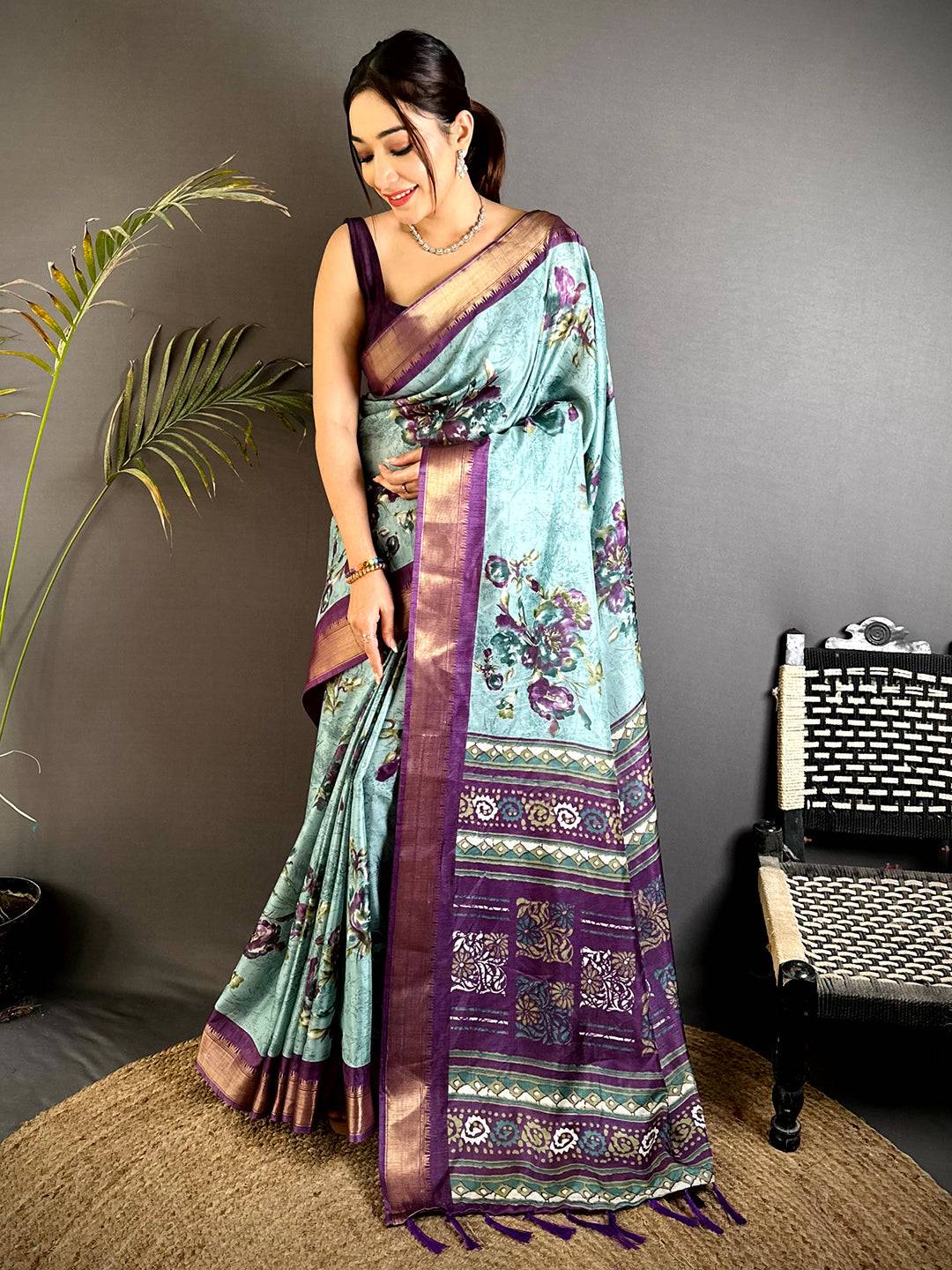 Stylish Sky Blue Floral Dola Silk Saree