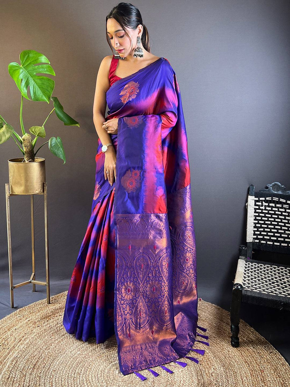 Full view of Rose Red Tussar Silk Ikkat Weaving Saree