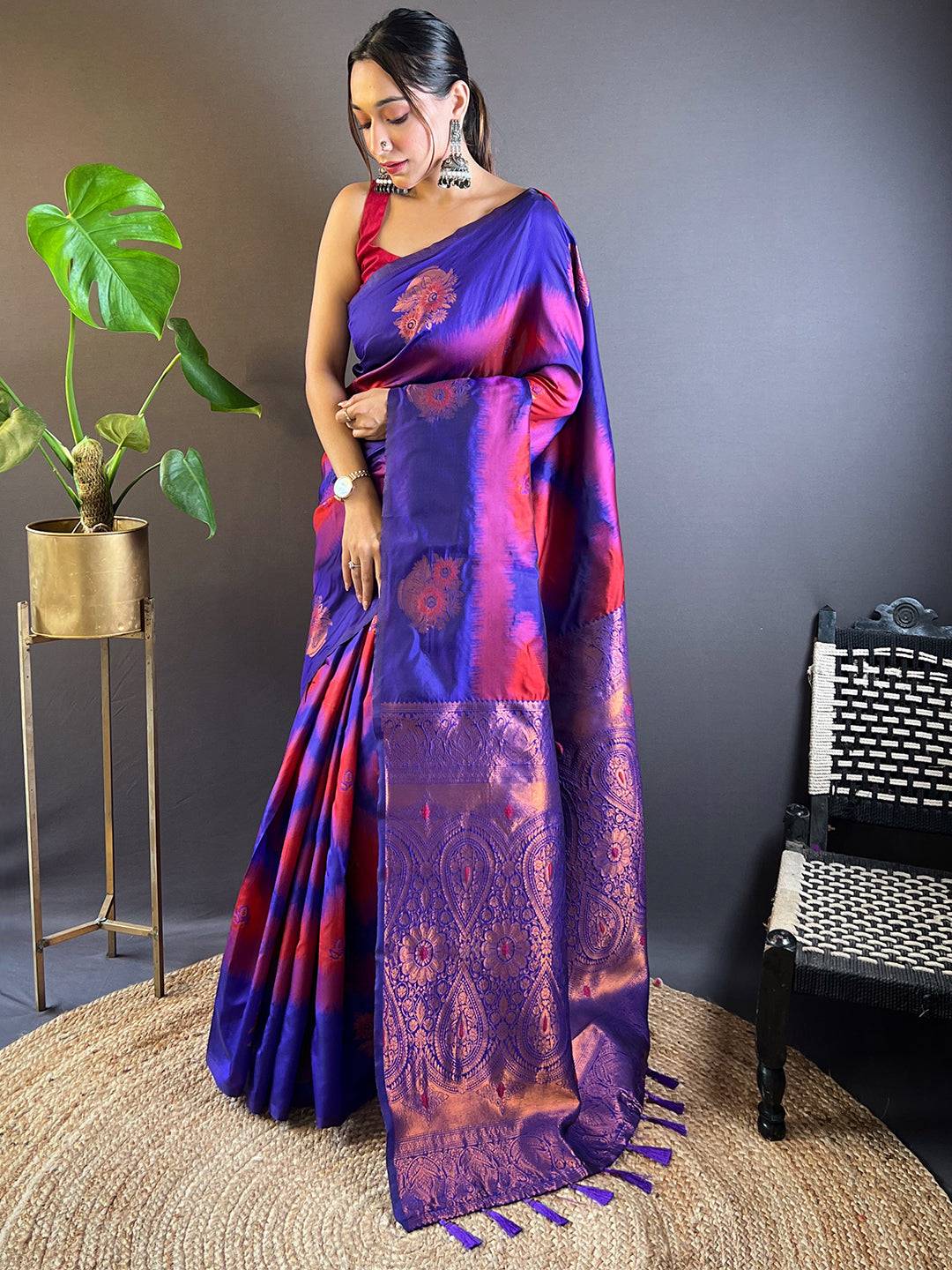 Full view of Rose Red Tussar Silk Ikkat Weaving Saree