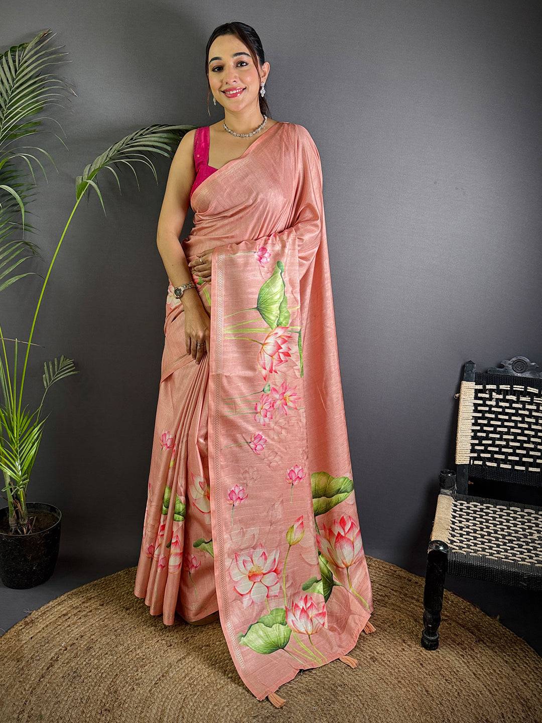 Baby Pink Pichwai Print Tussar Silk Saree

