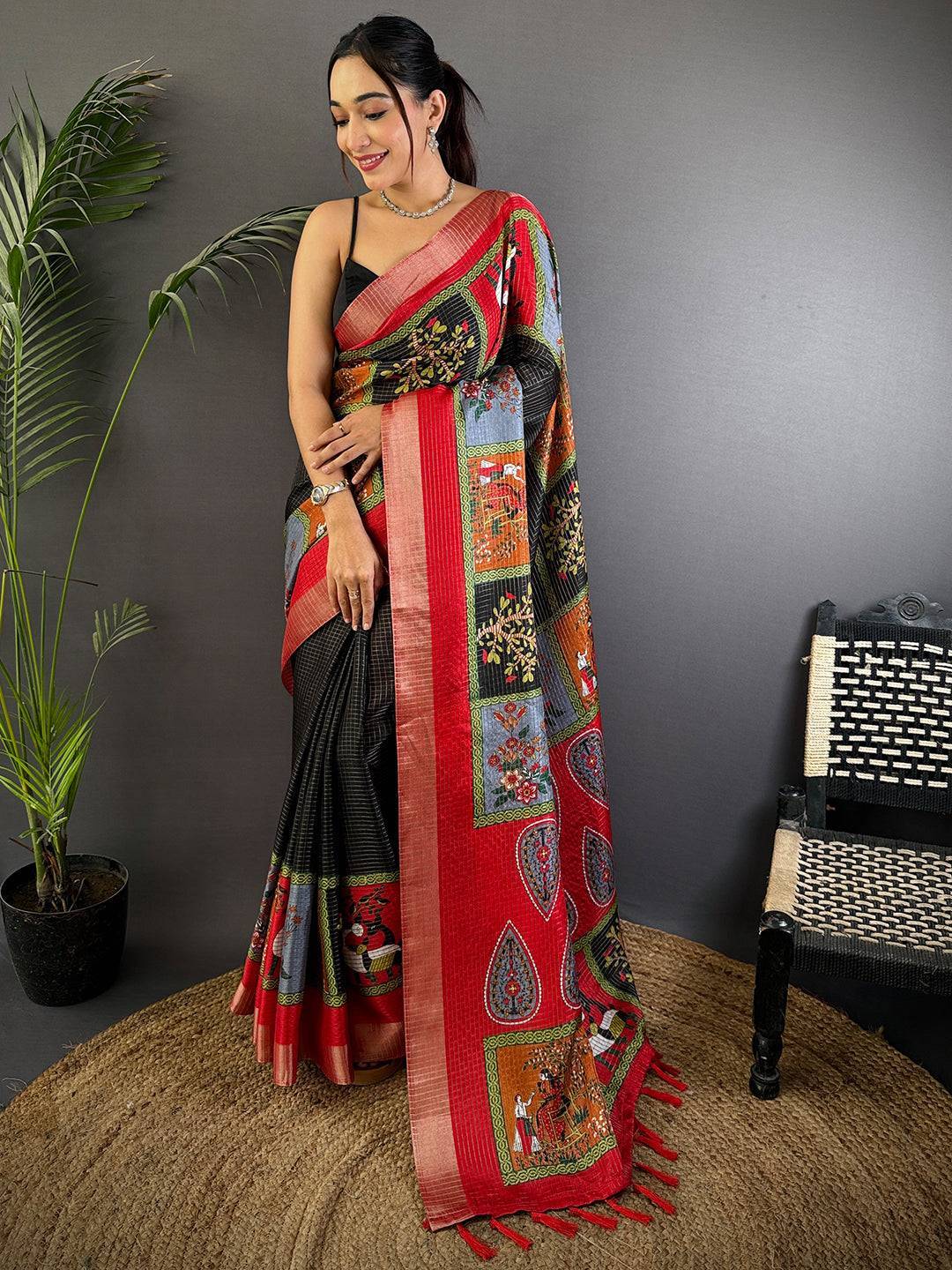 Black Tussar Kalalmkari Print Saree

