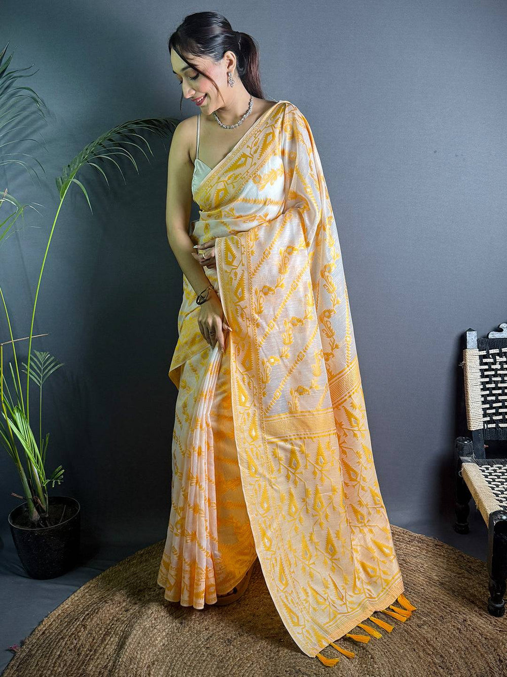 Ethereal Yellow Dhakai Jamdani Silk Saree