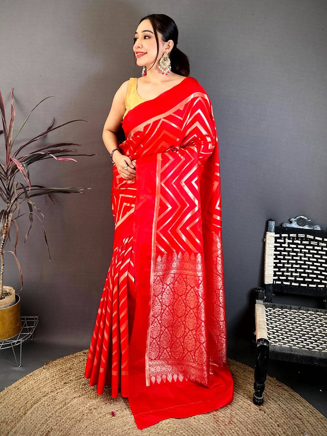 Red Geometric Zari Weave Banarasi Saree