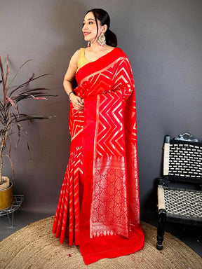 Red Geometric Zari Weave Banarasi Saree