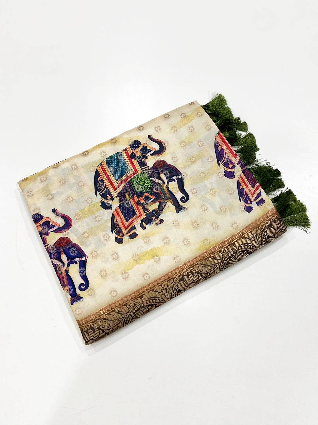 Cream Digital Elephant Motifs Banarasi Saree