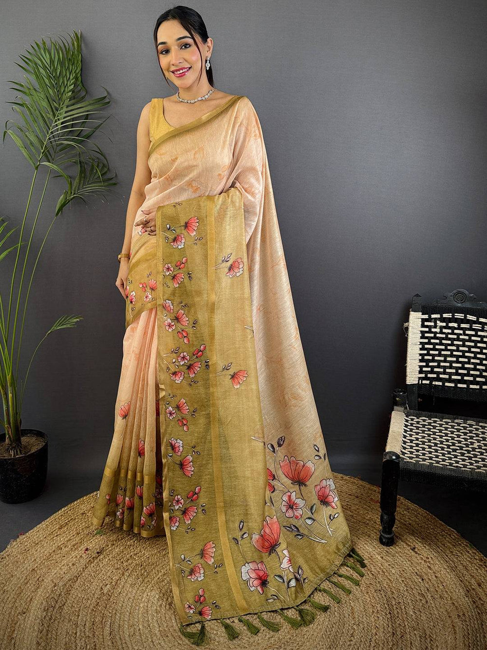 Olive Linen Chanderi Floral Print Saree