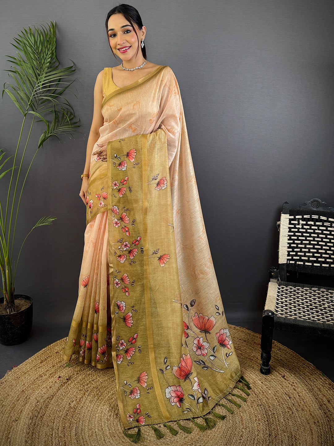Olive Linen Chanderi Floral Print Saree