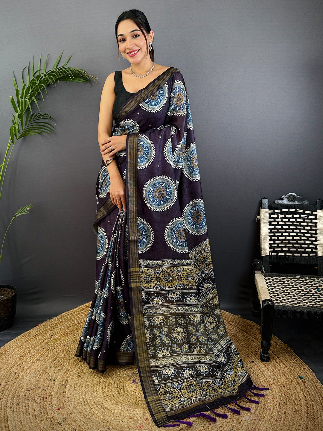 Dark Purple Linen Ajarak Print Saree