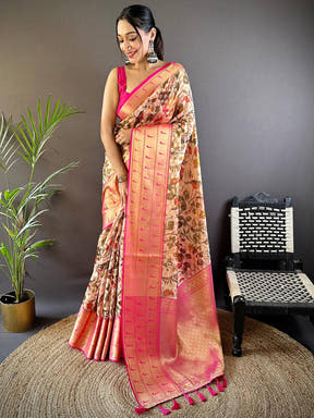 Light Peach Floral Paithani Kora Silk Saree