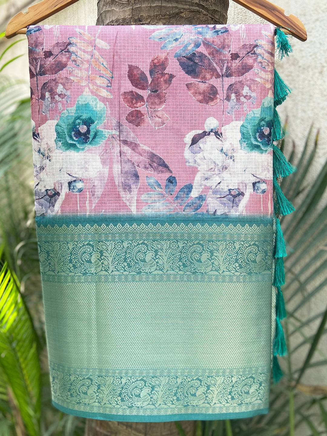 Dark pink Kota Doriya saree with floral print and gold zari border