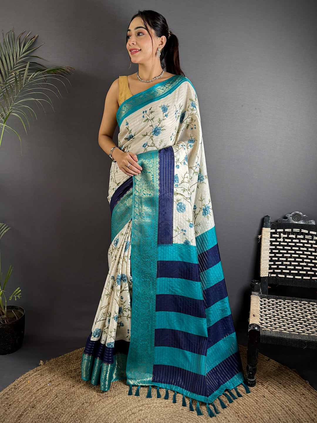 Blue Soft Dola Silk Zari Katha Saree