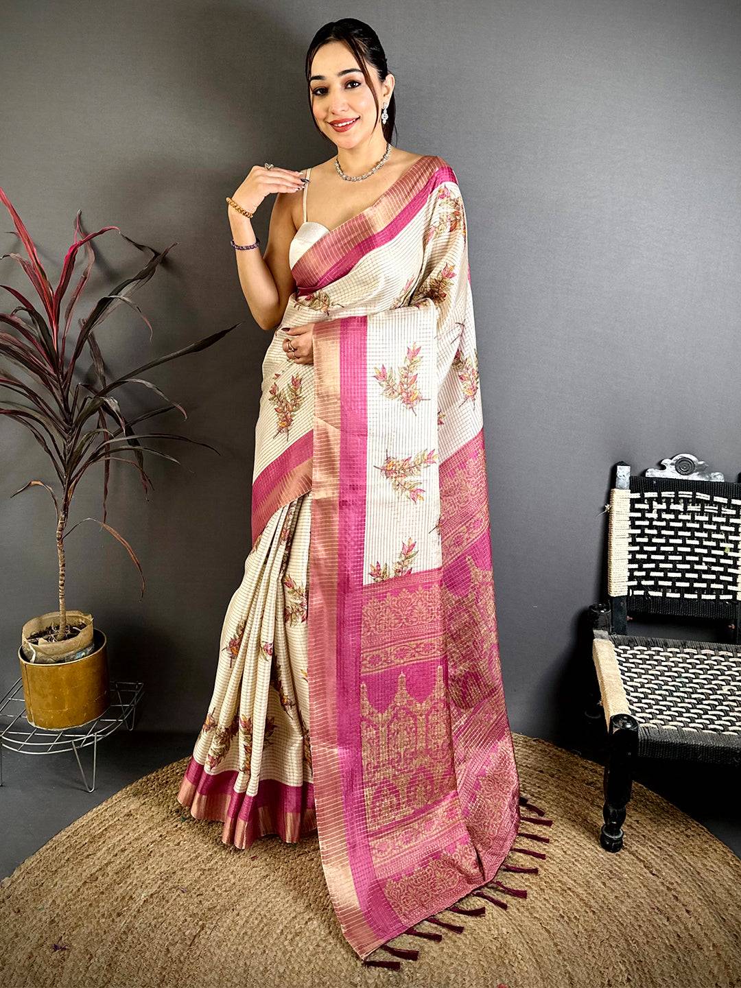 Peach Leaf Minakari Tussar Saree