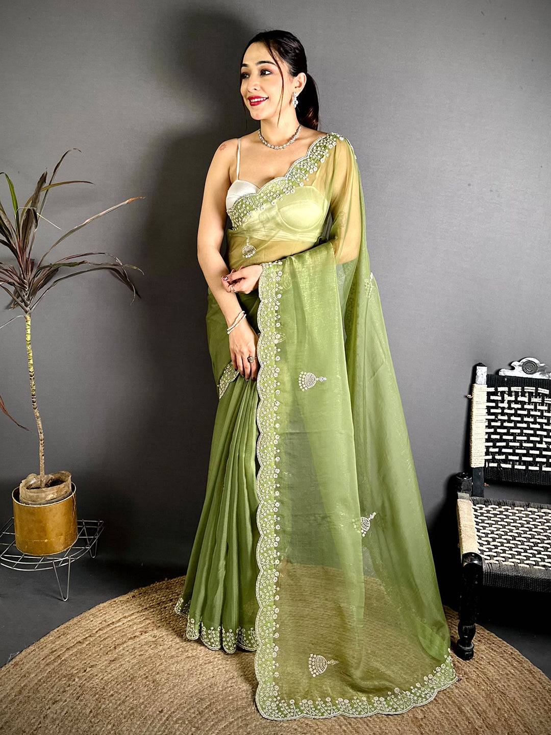 Green Pearl Zarkhond Chiffon Tissue Saree