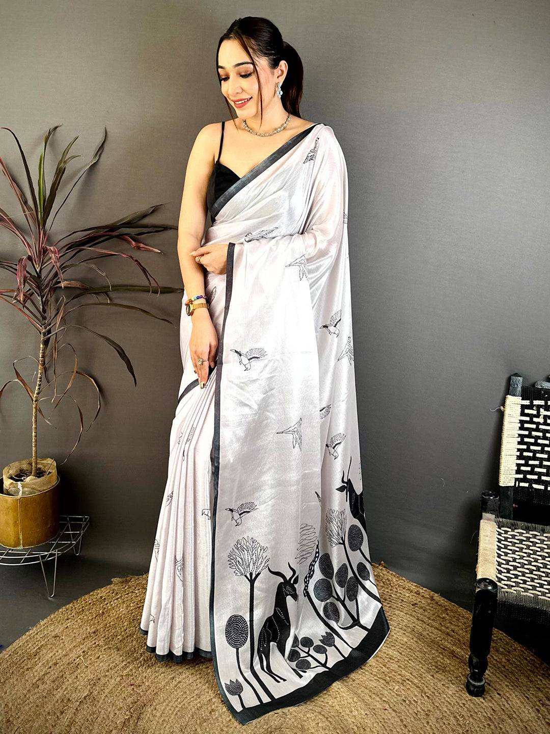 Elegant Bird Print Soft Chiffon Saree