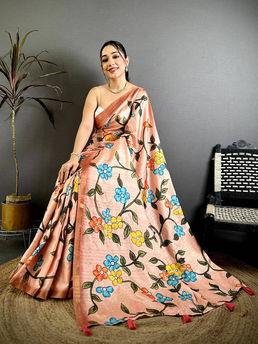 Celebrity Tussar Ghicha Kalamkari Print Saree
