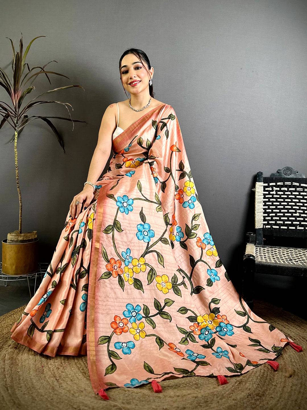 Celebrity Tussar Ghicha Kalamkari Print Saree