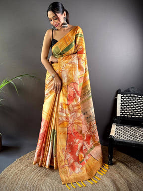 Yellow Tussar Silk Lush Botanical Prints Saree