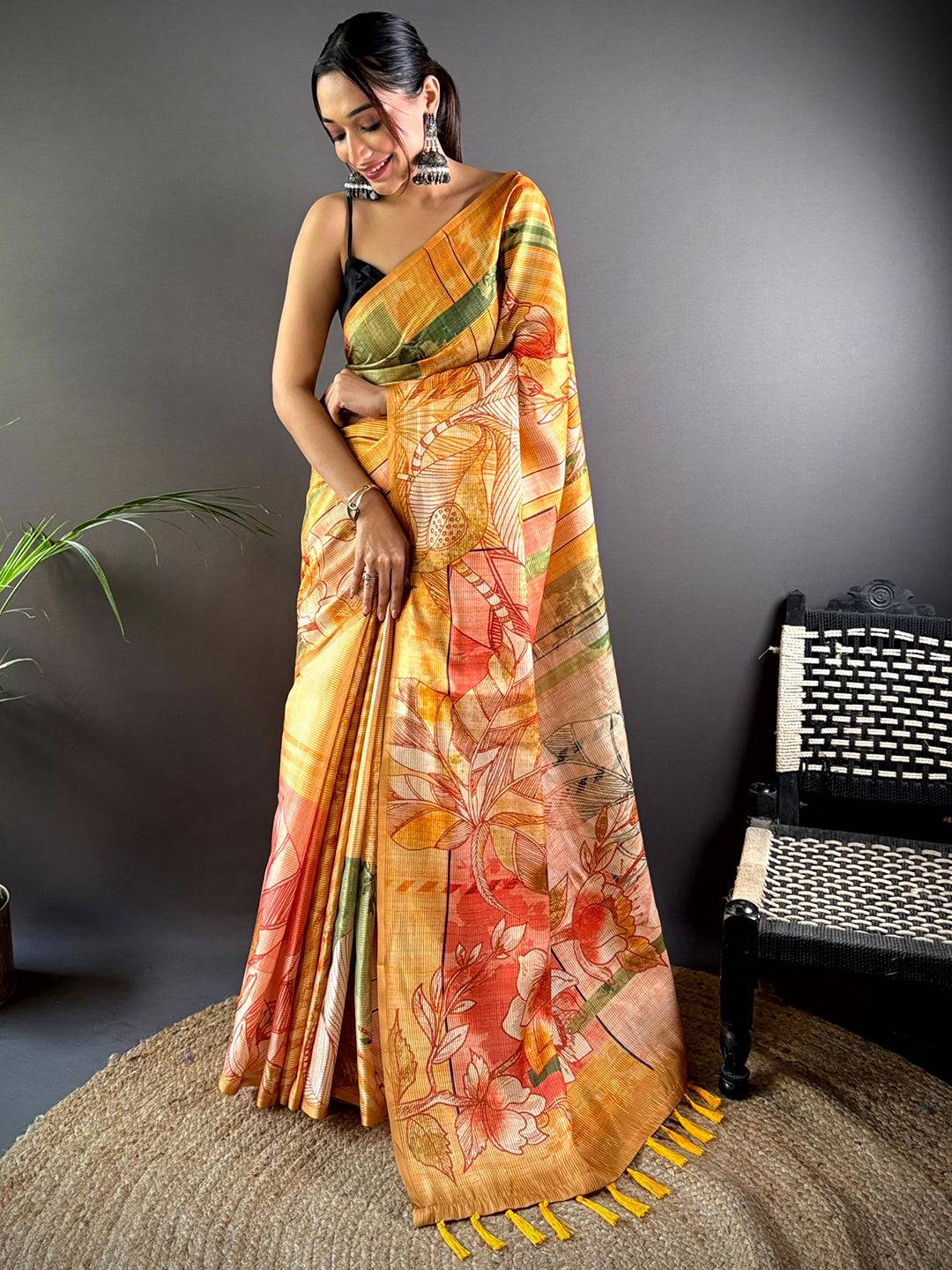 Yellow Tussar Silk Lush Botanical Prints Saree