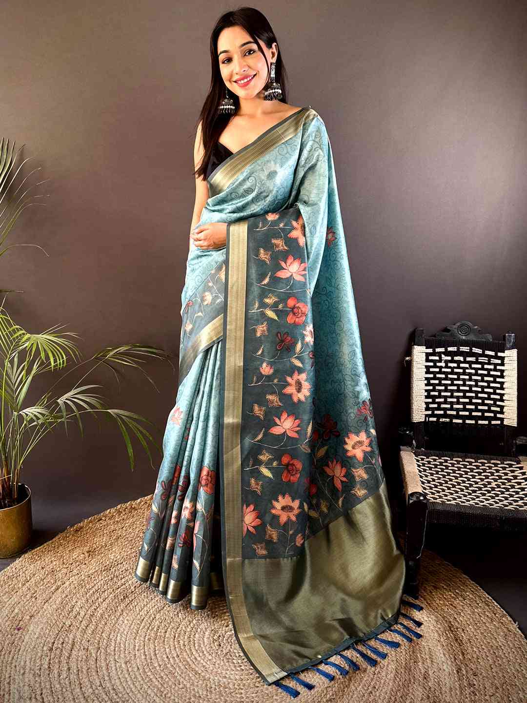 Blue Floral Grace Soft Silk Tissue Saree