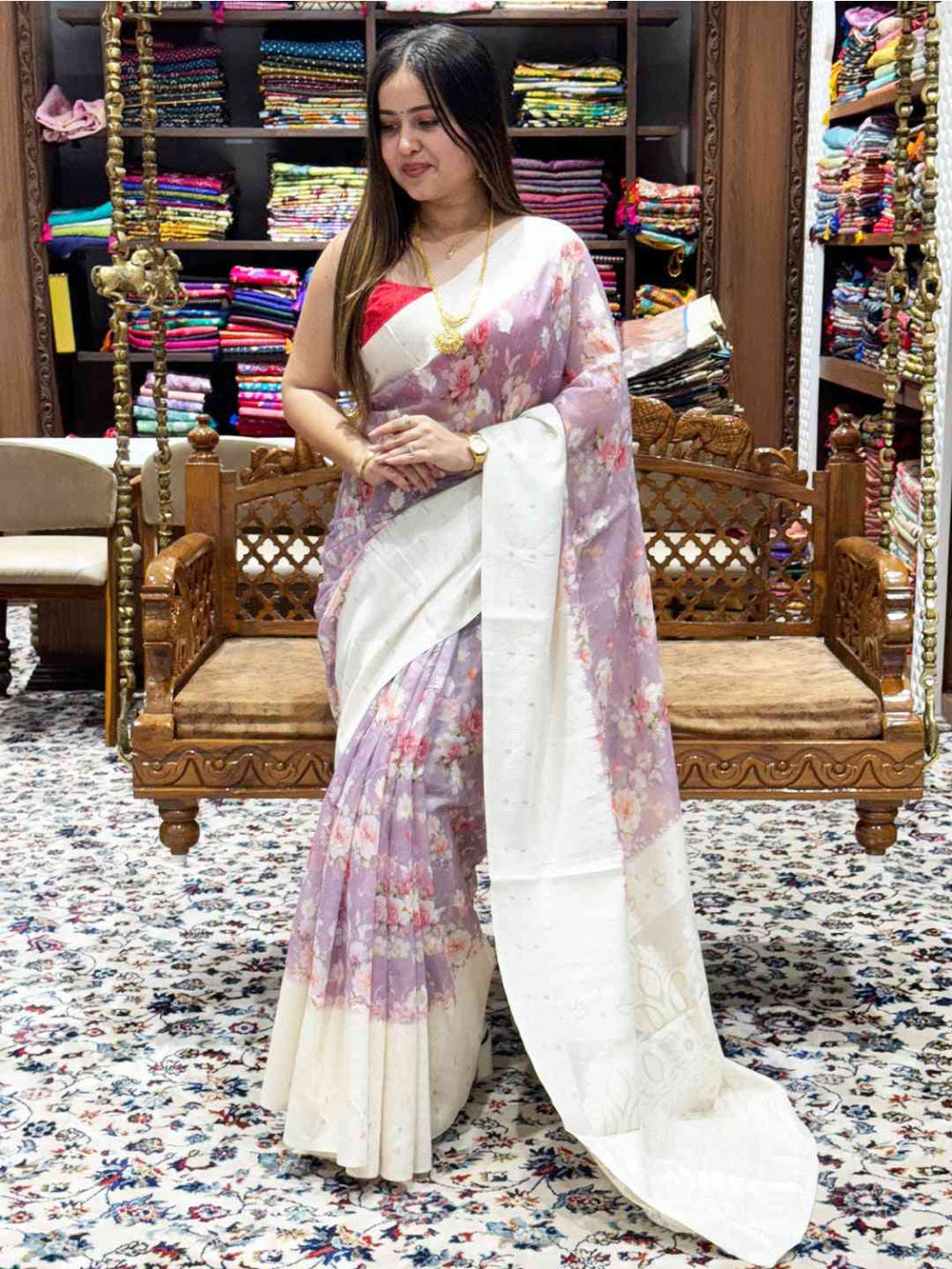 Lakhnavi slub pattern saree in violet with floral print