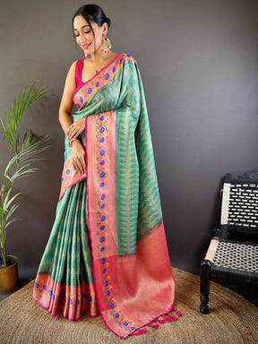 Kora Silk Banarasi Digital Print Saree In Sky Blue Colour