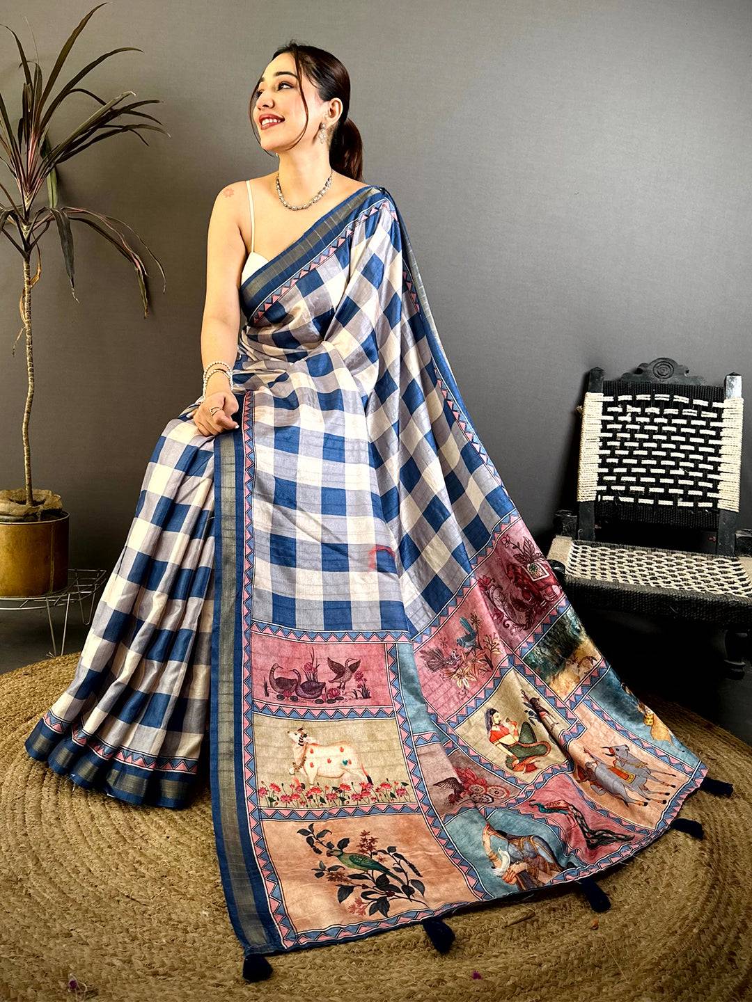 Tussar Check Ghicha Kalamkari Pallu Saree