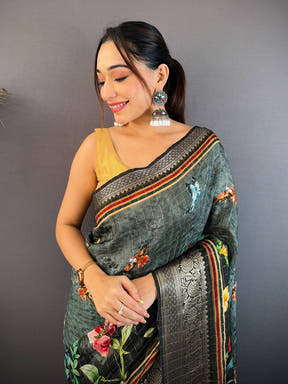Gray Pure Viscose Checked Saree


