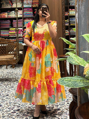 Daylily Yellow V Neck Midi Dress with floral pattern