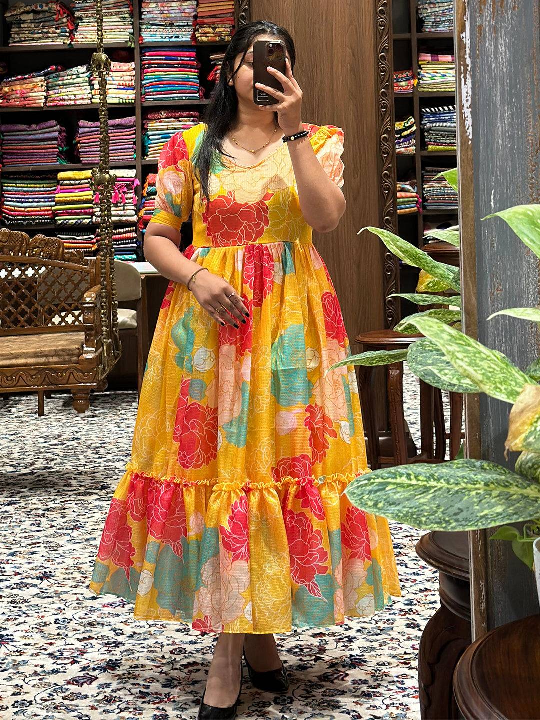 Daylily Yellow V Neck Midi Dress with floral pattern