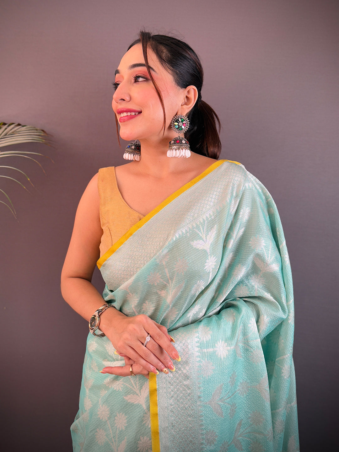 Pastel Turquoise Kota Kora Meenakari Saree