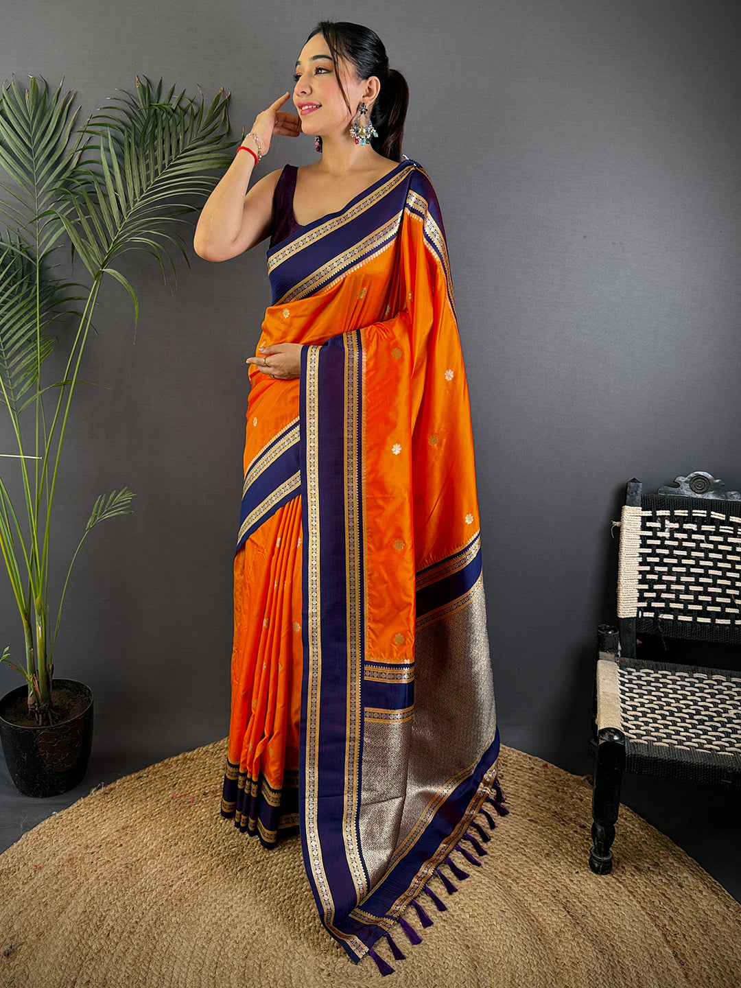 Navy Blue Soft Silk Floral Butta Saree