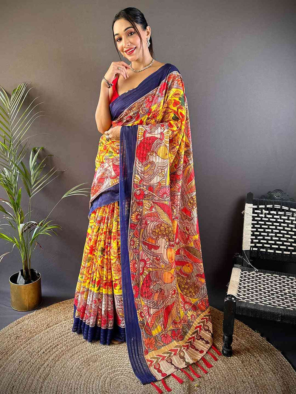 Full view of Sunshine Yellow Pen Kalamkari Linen Saree