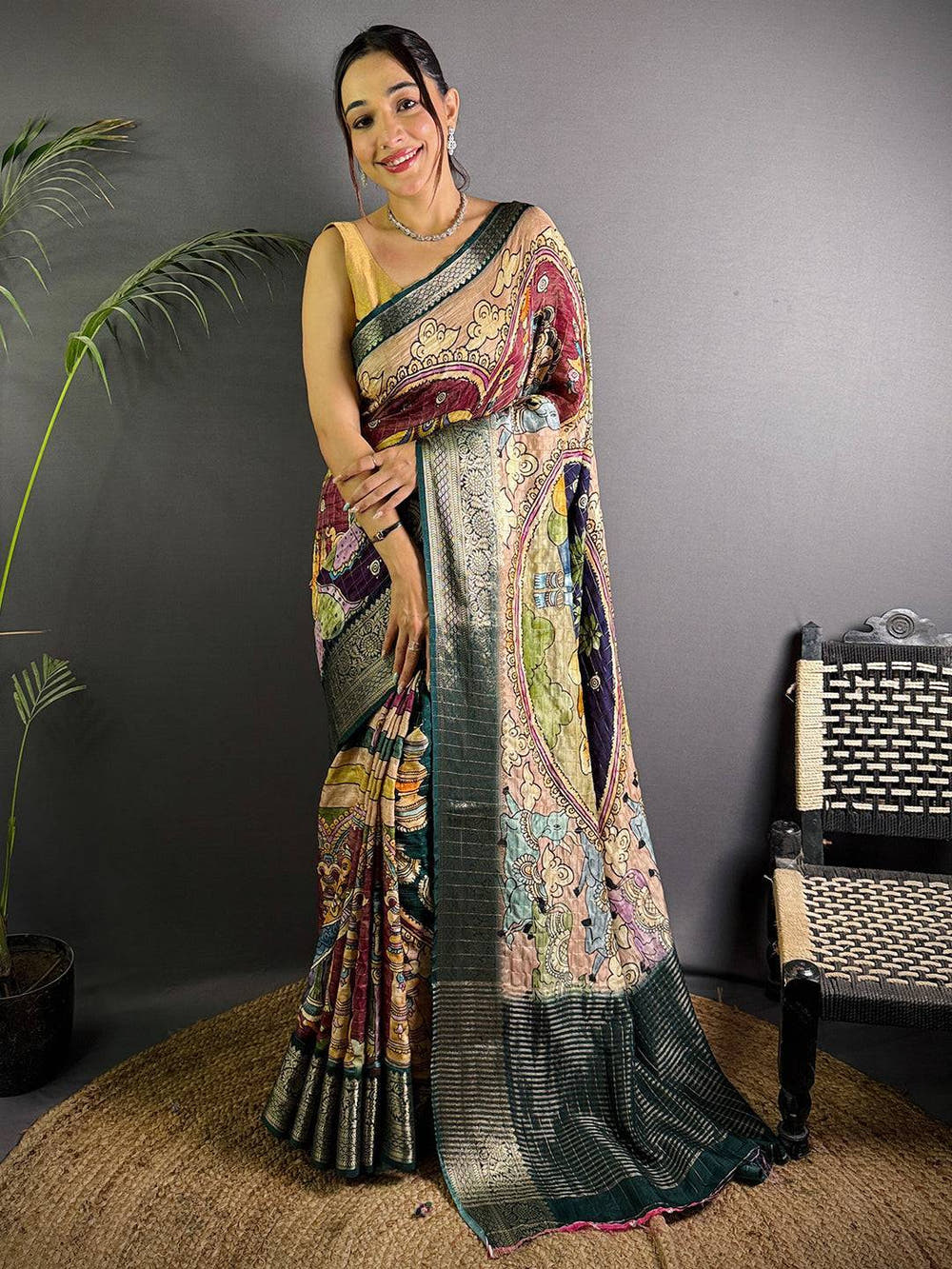 Navy Blue Pure Viscose Kalalmkari Print Saree

