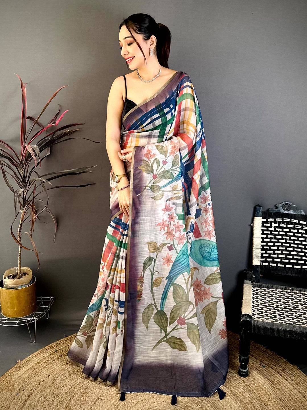 Elegant Linen Chanderi Check Saree