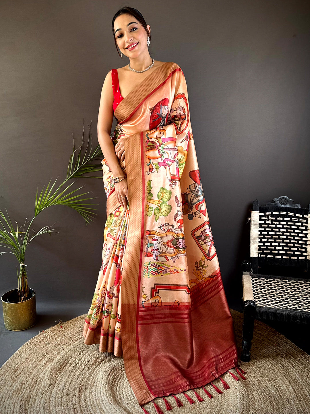 Peach Digital Kalamkari Printed Tussar Silk Saree
