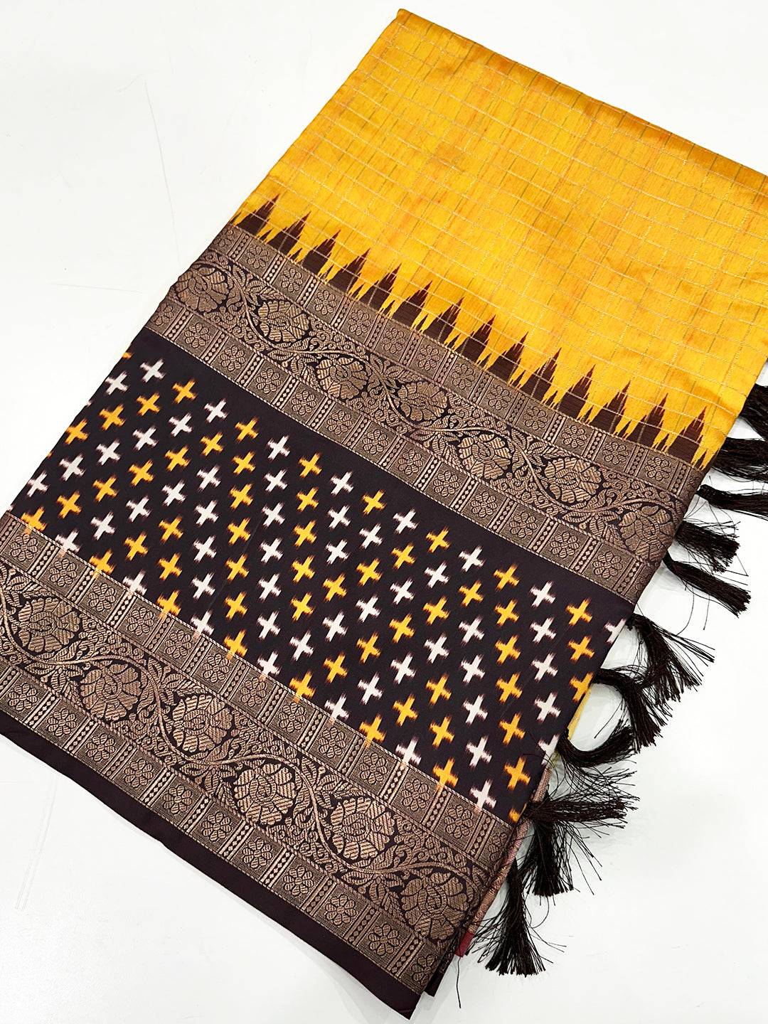Yellow Chex Ikkat saree fabric with double border design