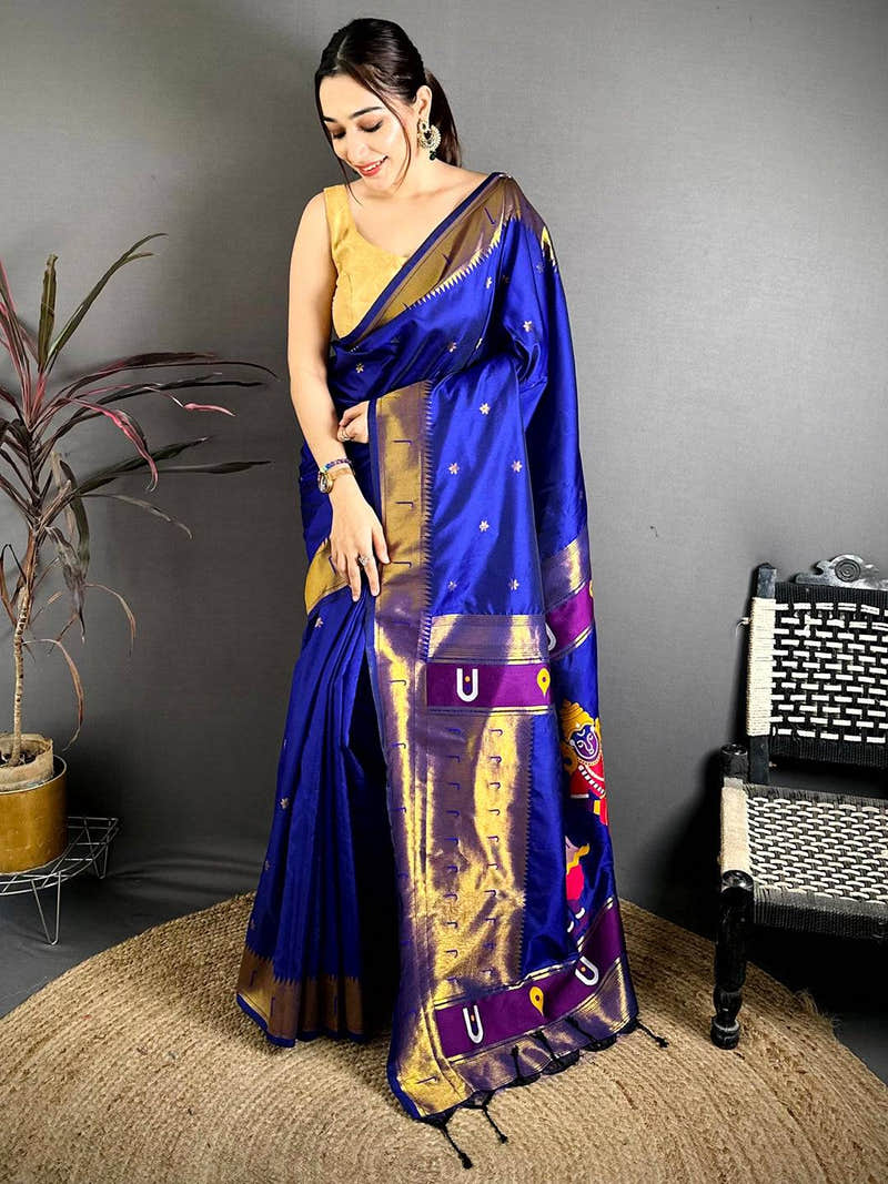 Royal Blue Gold Zari Soft Silk Saree With Maggam Blouse