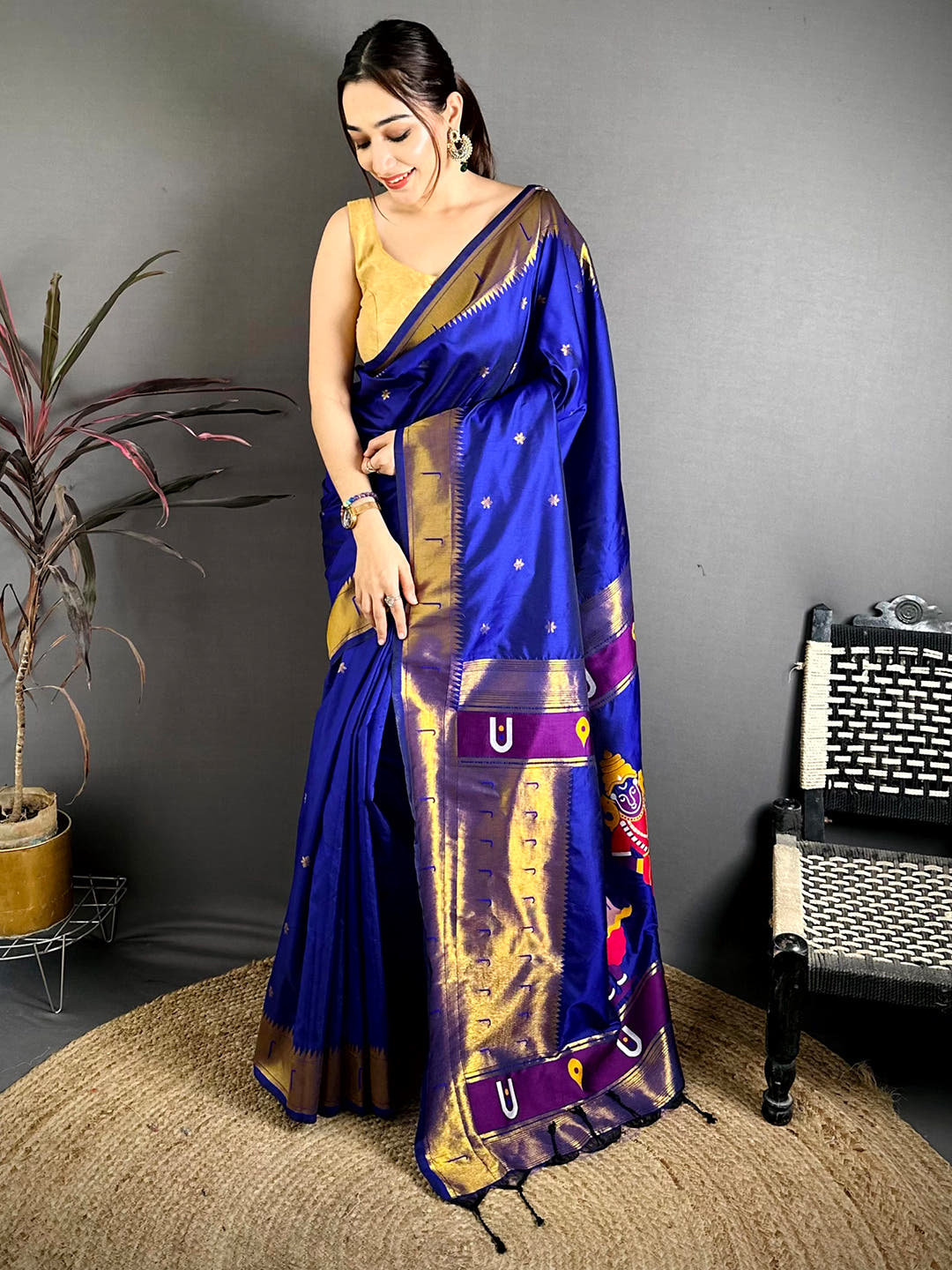 Royal Blue Gold Zari Soft Silk Saree With Maggam Blouse