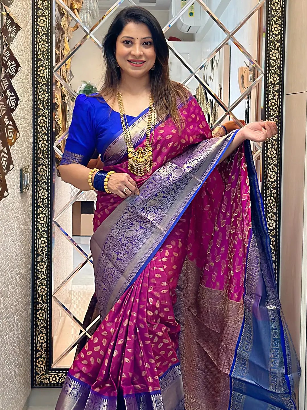 Elegant Wine Banarasi Kanchi Pattu Saree draped