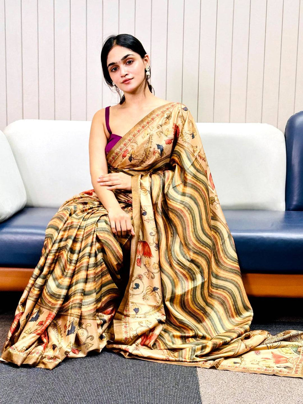 Olive Tussar Silk Saree with Kalamakri Flower and Leheriya Print
