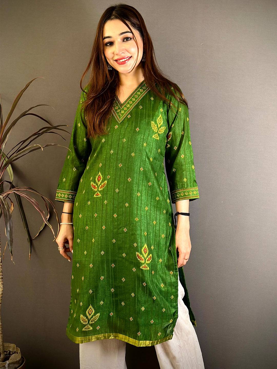 Graceful V Neck Tussar Ghicha Ethnic Kurti