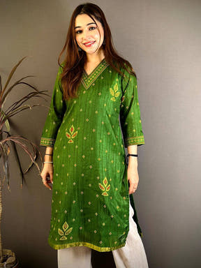 Graceful V Neck Tussar Ghicha Ethnic Kurti