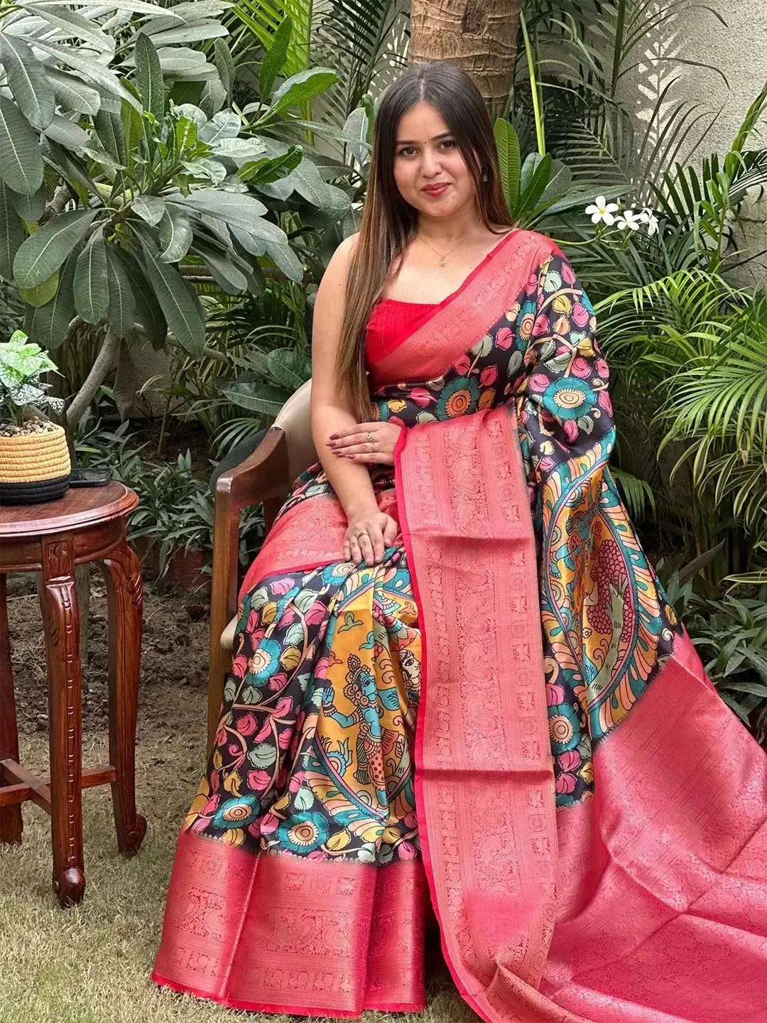 Soft Silk Kalamkari Saree with vibrant digital print