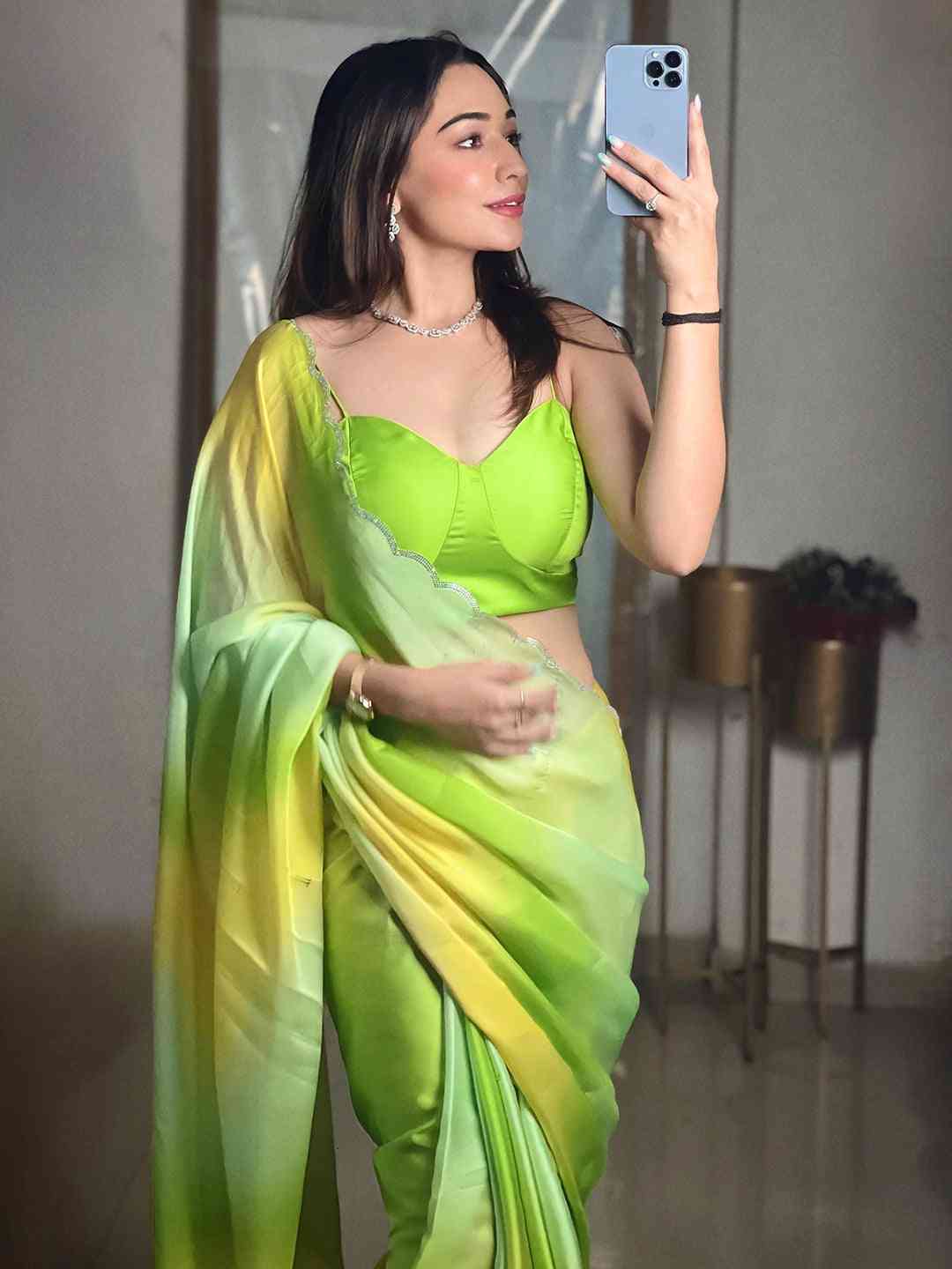 Pista satin georgette saree with stone work, mirror selfie
